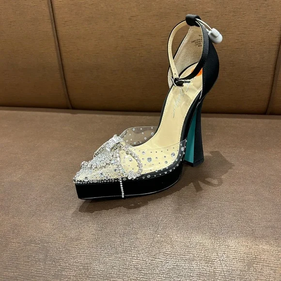 Betsey Johnson High Heel Platform Clear Rhinestone Bow - Picture 3 of 3